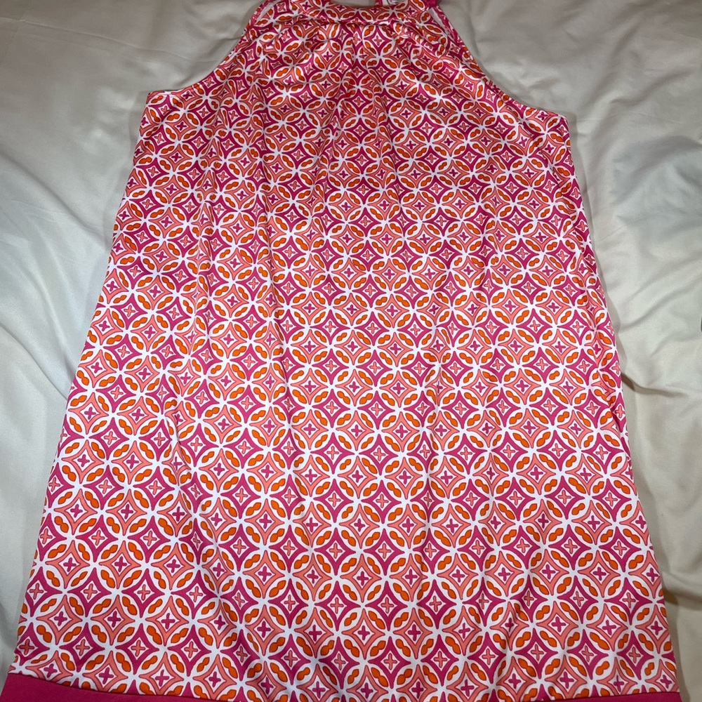 Mud Pie Pink and Orange Geometric Sleeveless Tie-Neck Dress, Size L